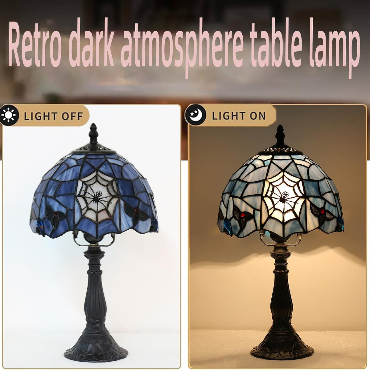 Tiffany Style Table Lamp,Stained Glass Spider Desk Lamp(8x8x15inch)