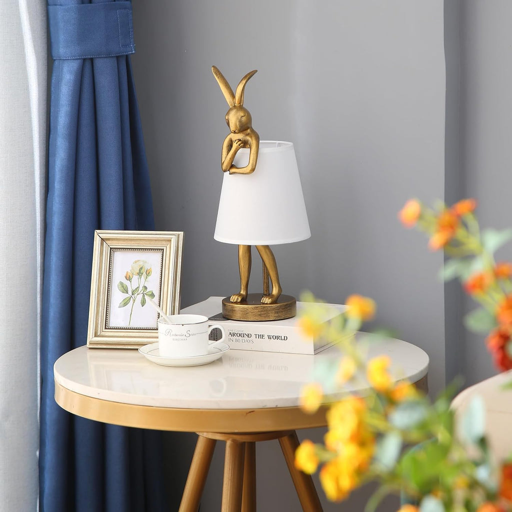 NorDiem LED Bunny Table Lamp, Resin Animal Rabbit Desk Light with Linen Shade, 15.7 Inch Decorative Lamp for Bedroom, Office & Kids Room (15.7" White Shade)