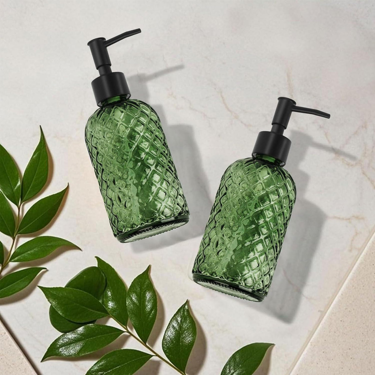 2 Pack Gem Glass Soap Dispenser with Black Plastic Pump, 13oz Liquid Hand Soap Dispenser, Rustproof Pump for Kitchen & Bathroom, Great for Lotions, Essential Oil, Liquid Soaps-Army Green