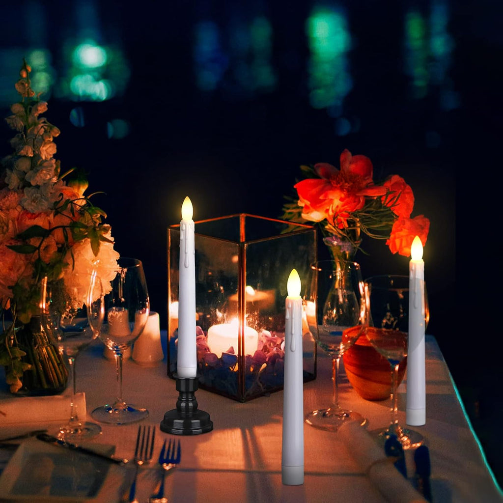Daord LED Battery Operated Window Candle with Remote & Timer Flickering Warm Light Christmas Flameless Taper Candles for Party Holiday Wedding Home Table Decoration (Pack of 6,White+Black Holder(A))…