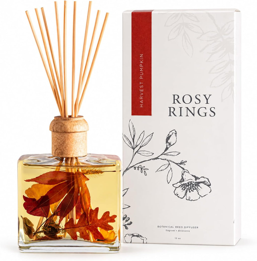 Rosy Rings Botanical Reed Diffuser 13oz - Lasts 6-12 Months Aromatherapy Notes of Cinnamon Clove Vanilla Long Lasting Floral Luxurious Fragrance Home Decor Housewarming Wedding Gifts (Harvest Pumpkin)