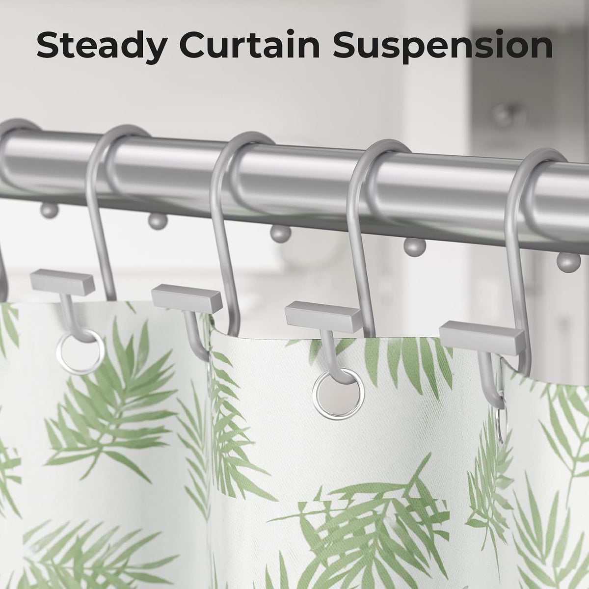 Silver Shower Curtain Hooks, Bathway Shower Curtain Rings Rust Proof, 12PCS Shower Hooks for Shower Curtain, T-Bar Design Convenient Elegant Shower Curtain Hangers for Bathroom Kitchen Wardrobe
