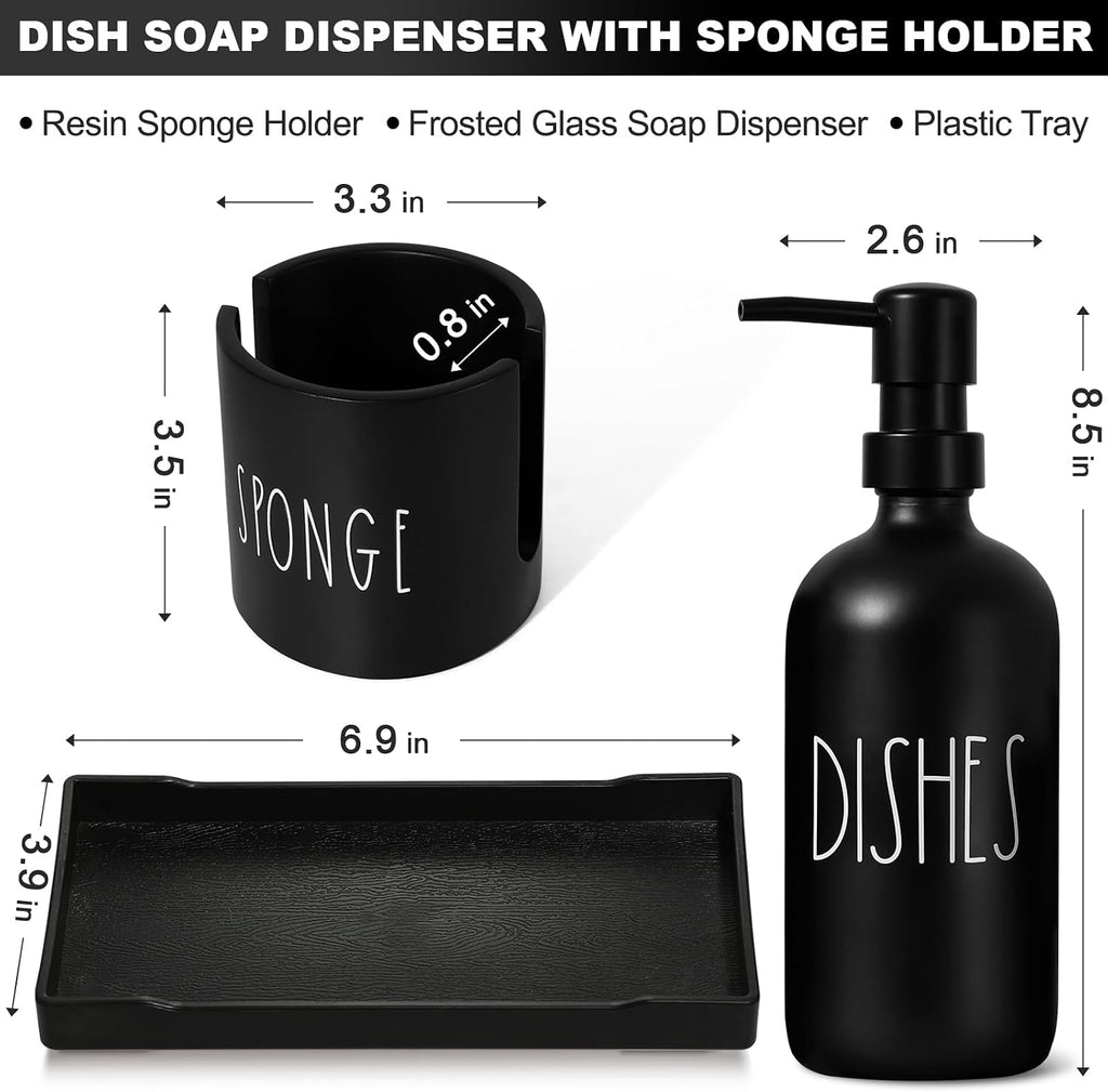 Dish Soap Dispenser for Kitchen with Sponge Holder,16.9 fl oz Kitchen Soap Dispenser Set with Tray,3 in 1 Dish Sponge Holder for Kitchen Sink Organizer Accessories,Black