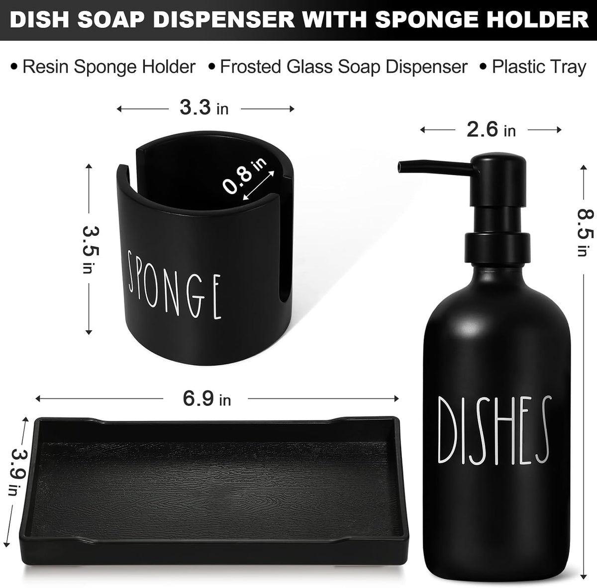 Dish Soap Dispenser for Kitchen with Sponge Holder,16.9 fl oz Kitchen Soap Dispenser Set with Tray,3 in 1 Dish Sponge Holder for Kitchen Sink Organizer Accessories,Black