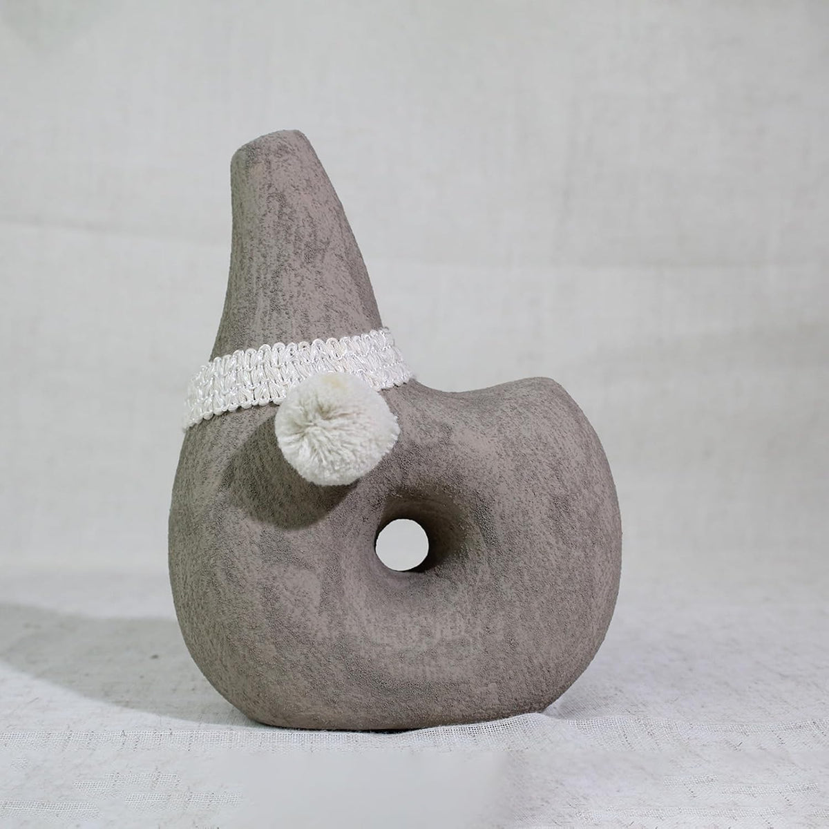 Gray Terracotta Vase, Boho Geometric Hollow Decor with Pom-Pom