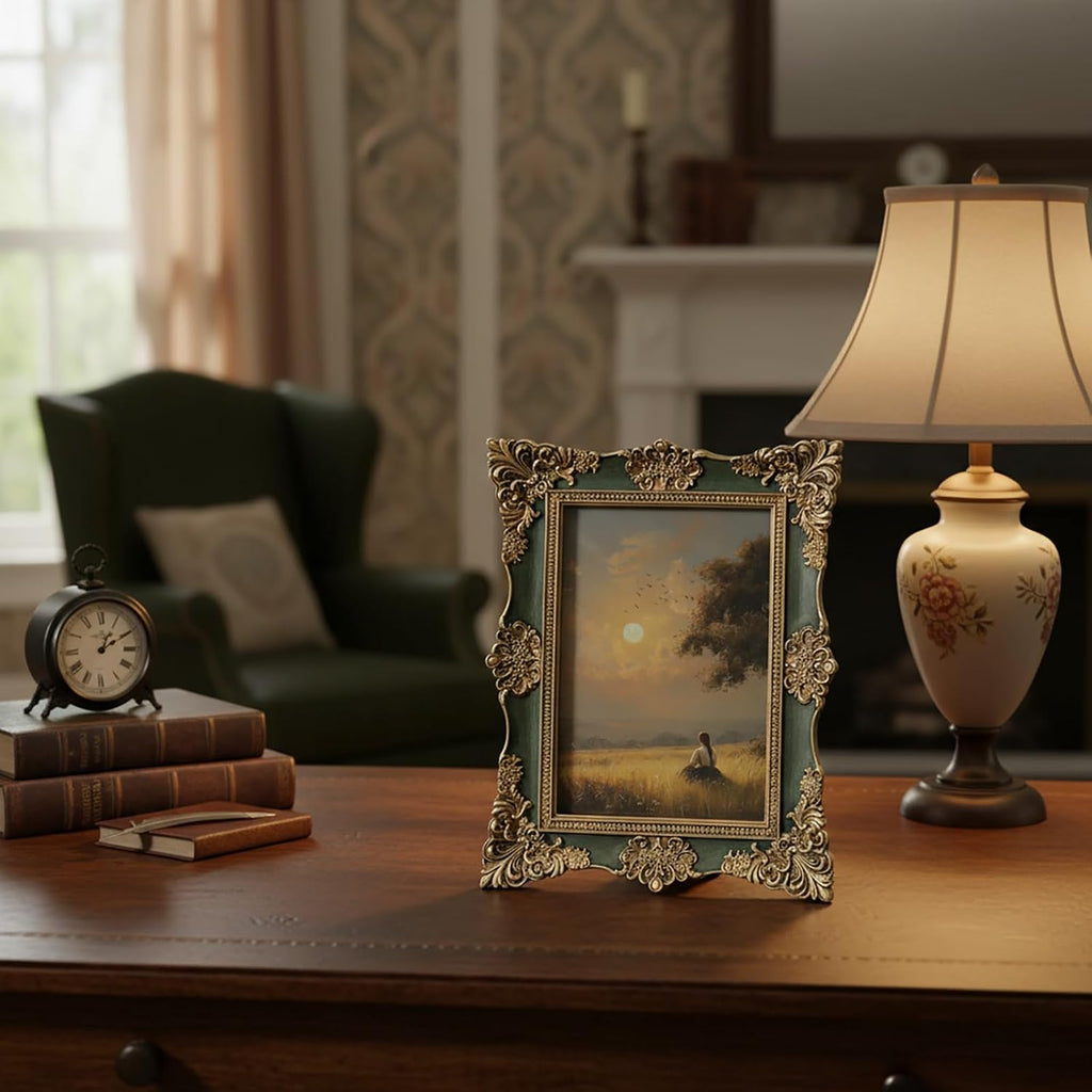 5x7 Vintage Picture Frames -5x 7 Antique Picture Frame, Ornate Frames 5 X 7 With Glass Front For Tabletop Photo Display And Wall Hanging, Victorian Poster Frame 5 By 7 (Lake Green, 5X7)