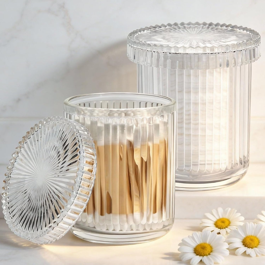 2‑Pack Clear Ribbed Glass Qtip Holder, Vanity & Bathroom Makeup Storage