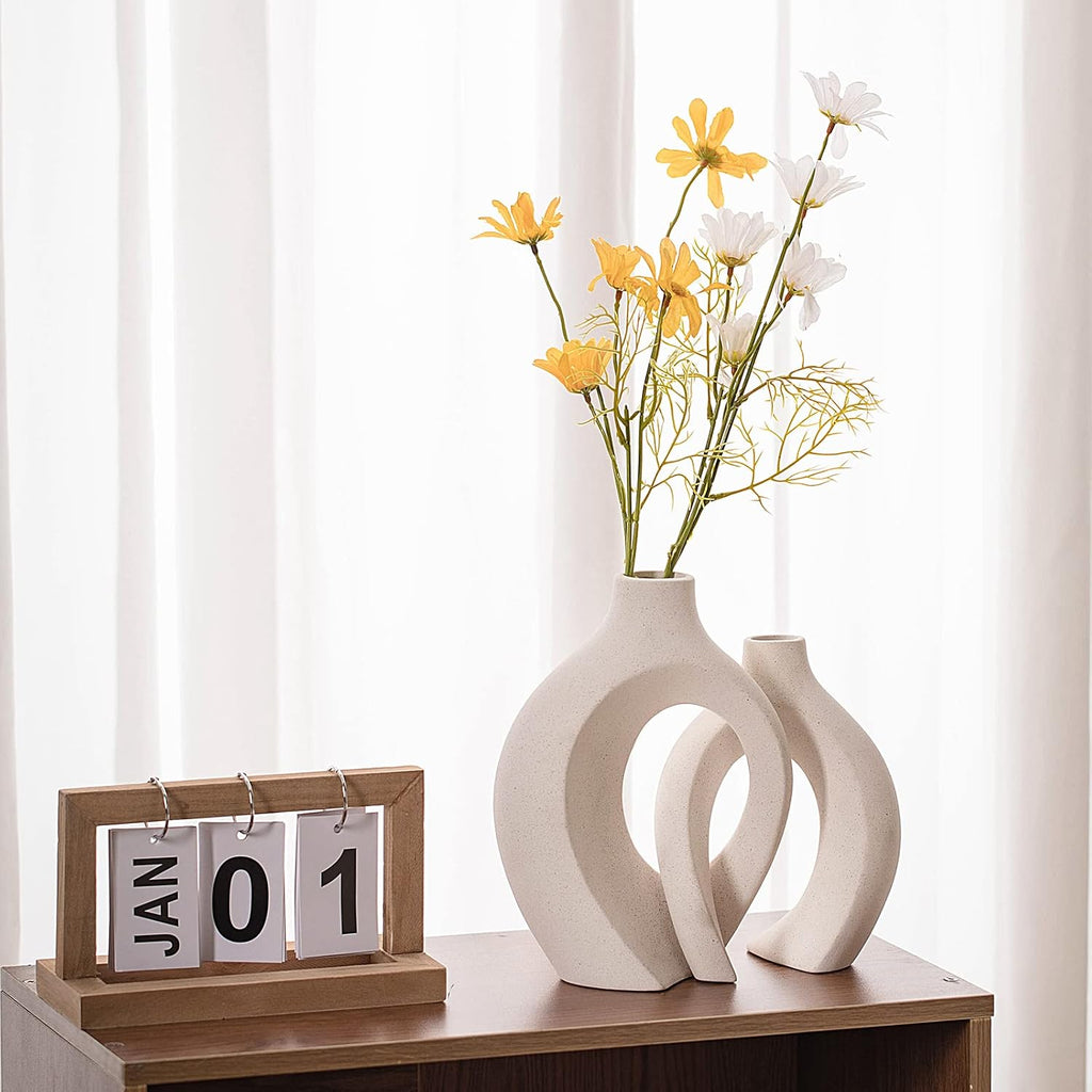 Liotww Off White Ceramic Flower Vase Home Decor Shaped Hollow Vase Set of 2