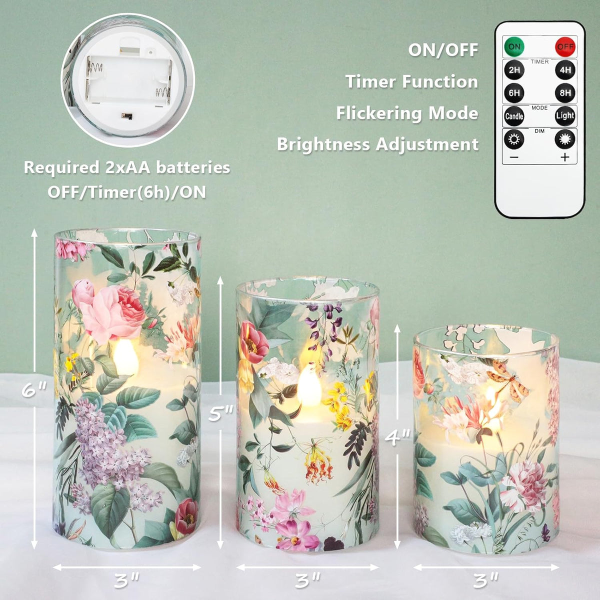 Glass Flameless Candles with Remote Timer Floral Battery Operated LED Flickering Blue Pillar Candle Real Wax Spring Summer Garden Dinner Christmas Holiday Farmhouse Decor D3 x H4, 5", 6"
