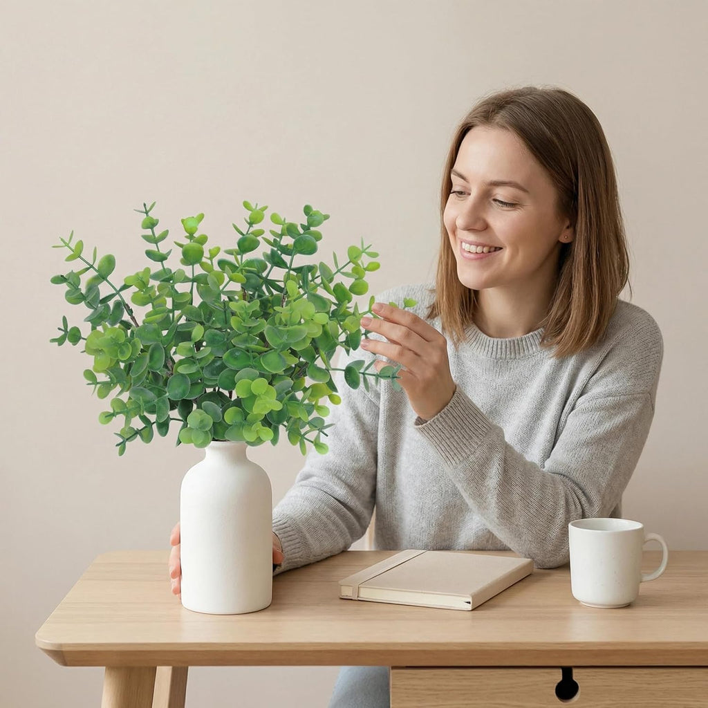 7Pcs 12" Artificial Sage Eucalyptus in Frosted Ceramic Vase for Desk Decor