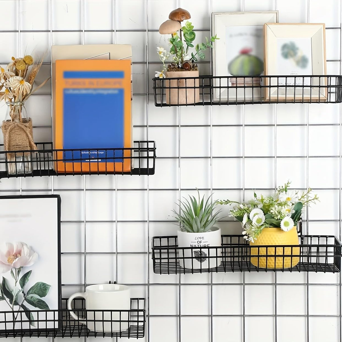 4 Pack Metal Grid Wall Baskets with Hooks, 15.75 x 6 x 2.36 Inch