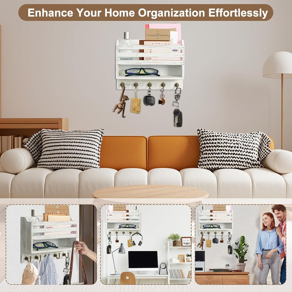 Key Holder Wall Mount with Mail Organizer, 5 Key Hooks, White