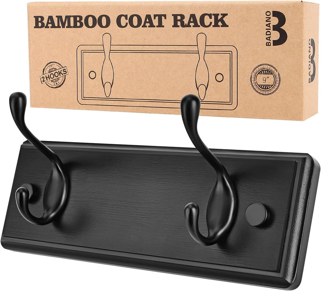 Badiano Heavy Duty Wooden Coat Rack, Wall-Mounted Organizer, 9 Inch, Black