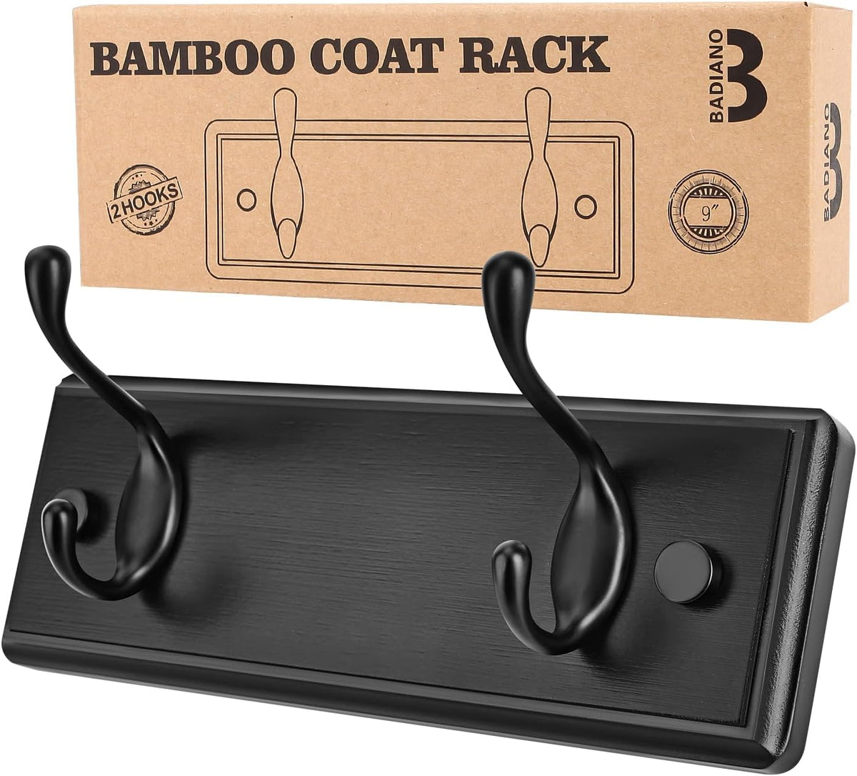 Badiano Heavy Duty Wooden Coat Rack, Wall-Mounted Organizer, 9 Inch, Black