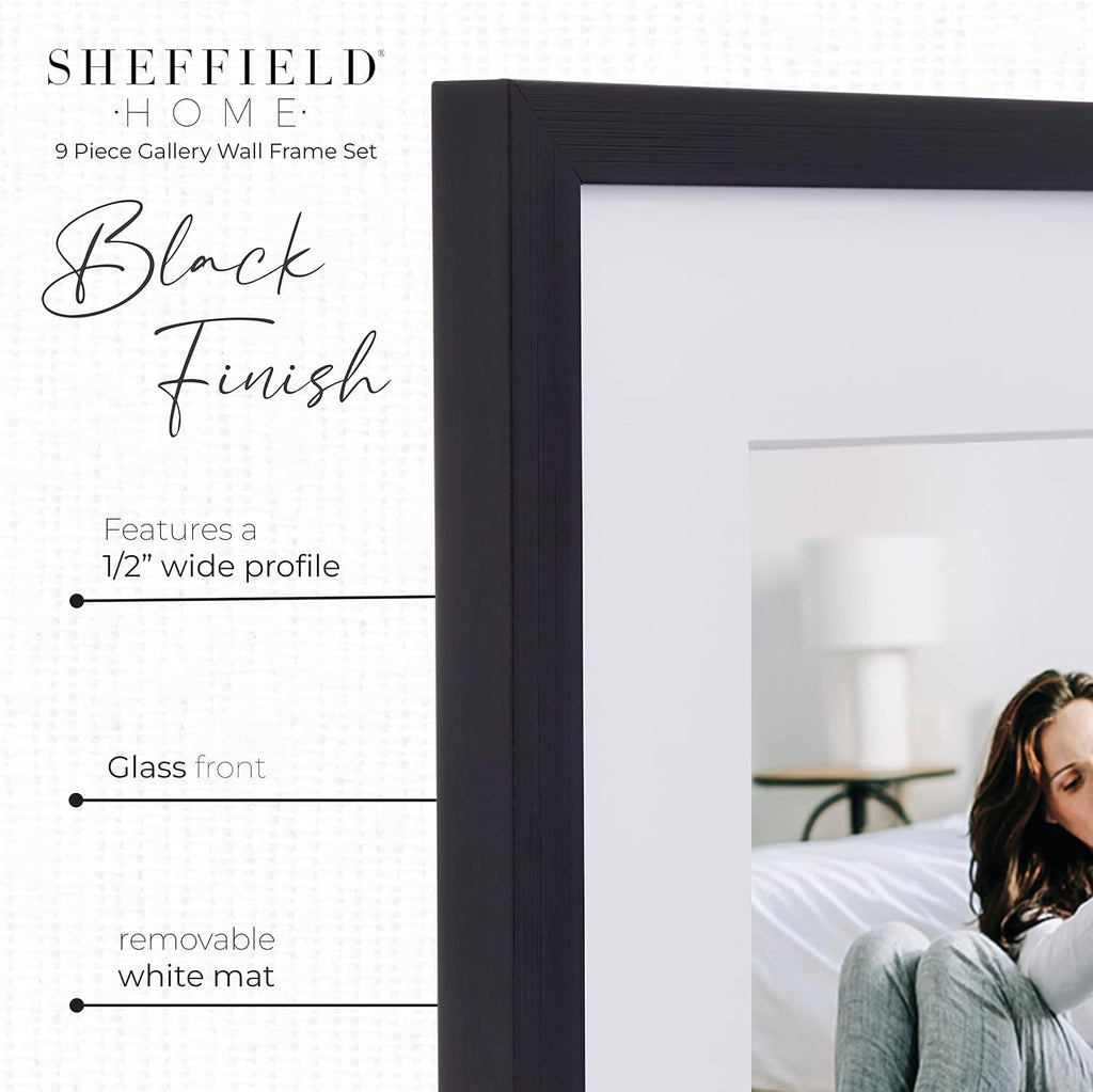 Sheffield Home 9 Piece Gallery Wall Frame Set, 11x14 in. matted to 8x10 in. (Matte Black)