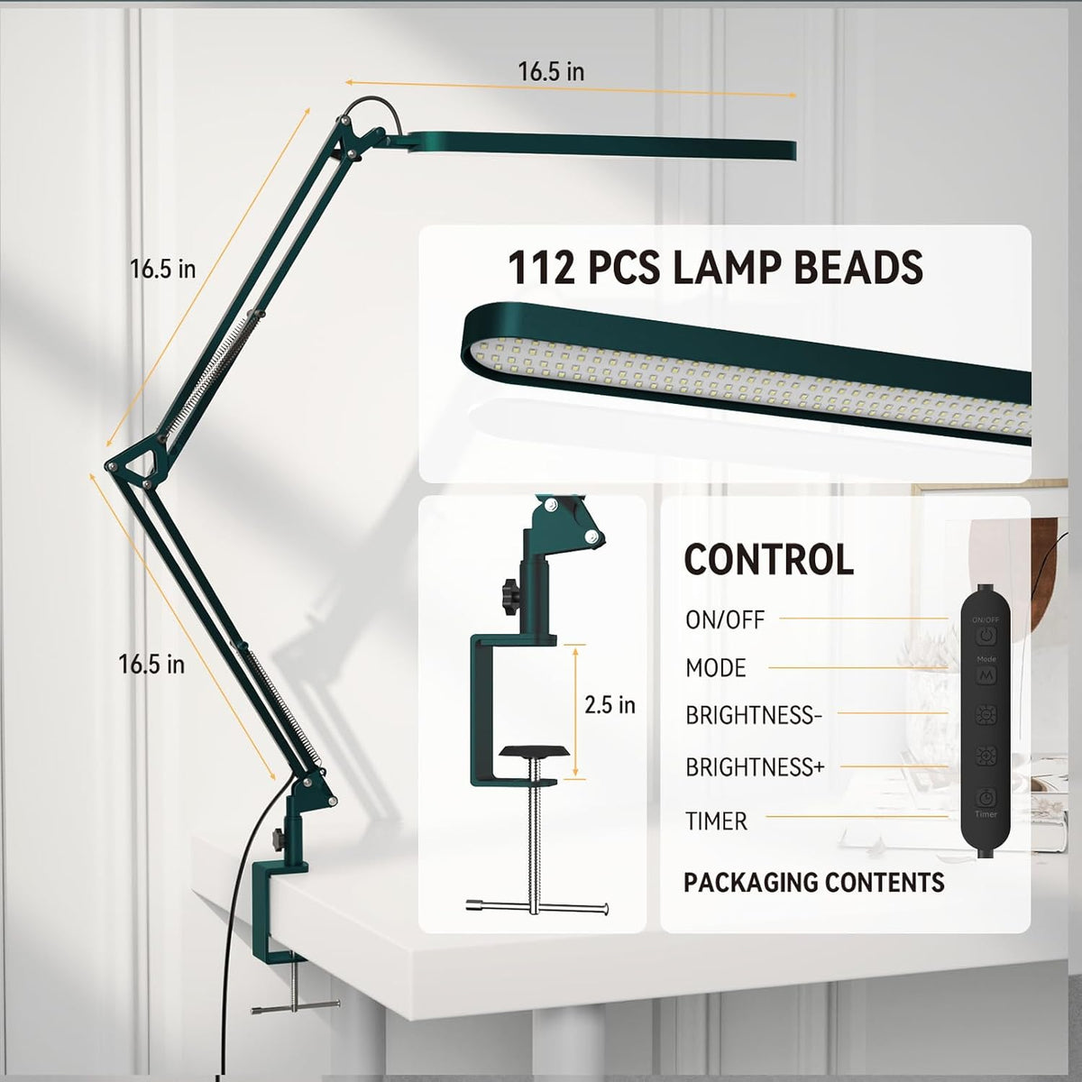 SKYLEO Desk Lamp - LED Desk Light - 5 Color Modes X 11 Brightness Levels - Adjustable Swing Arm - Timmer & Memory Function - 12W Lamp for Desk - Green