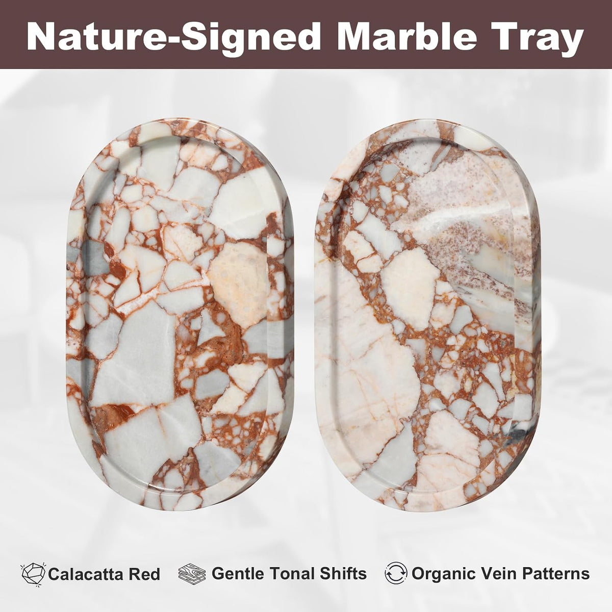 Red Marble Oval Tray 10x6 Inch - Vanity & Bathroom Organizer, Jewelry Dish, Coffee Table Decor - Natural Stone Desktop Catchall