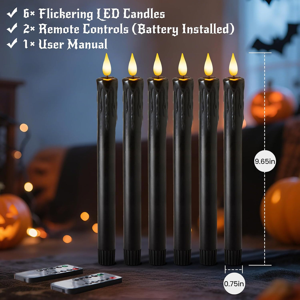 Halloween Decor, Wax Drip Black Flameless Taper Candles with Remote, 6 Pack