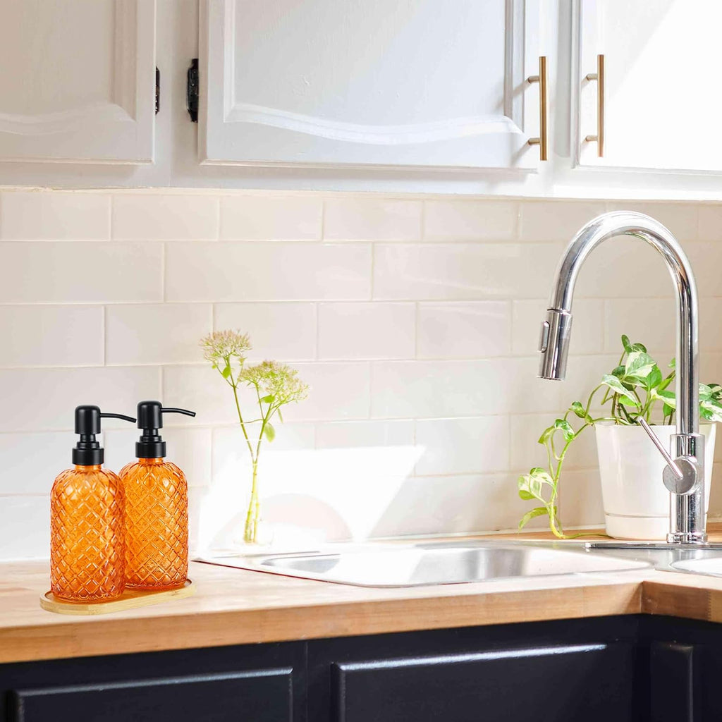 12Oz Glass Soap Dispenser with 304 Black Rustproof Stainless-Steel Pump, Refillable Glass Soap Dispenser for Kitchen, Bathroom, Farmhouse (2pack& Tray)