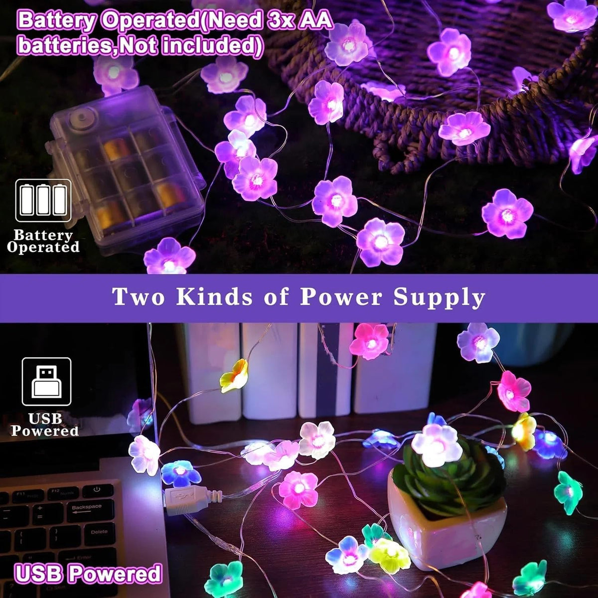 Mudder 1 Pack 16 Colors 13 FT Cherry Blossom Decor Flower String Lights