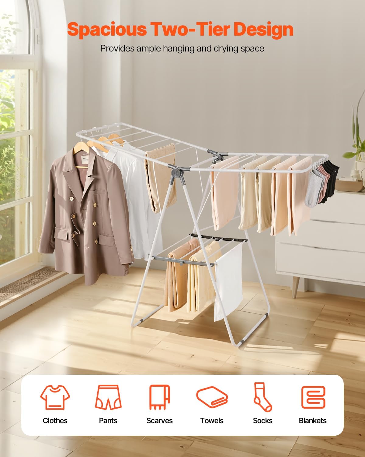 VEVOR Clothes Drying Rack, 2-Tier Foldable Laundry Dryer Rack with Sock Clips & 21 Drying Rods, Metal Height Adjustable Drying Racks for Outdoor & Indoor, Free-Standing & Space-Saving Hanger, White