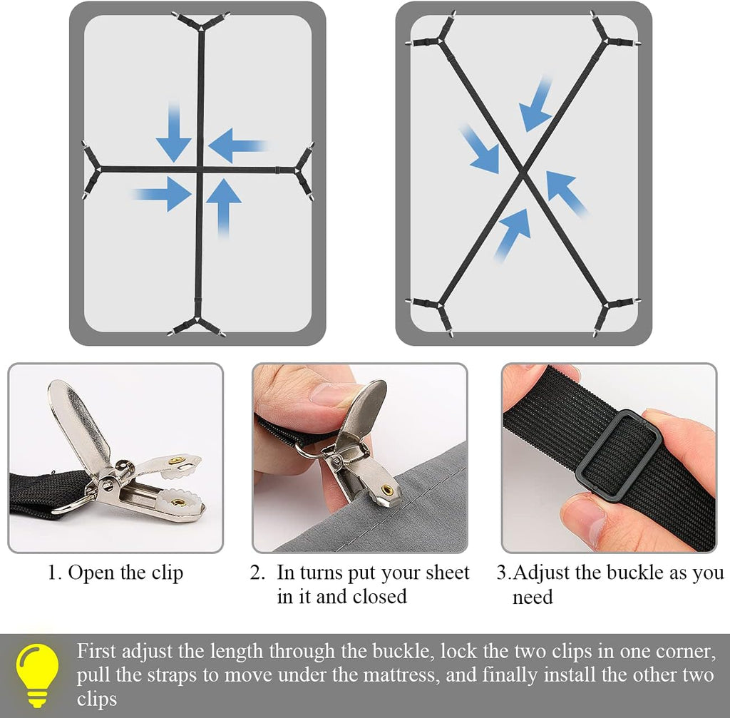 ACEDÉCOR Sheet Straps, Fitted Sheet Clips Under Mattress Keeping Sheets in Place, Bed Sheet Holders Straps for Twin, Full, Queen, King(Black)