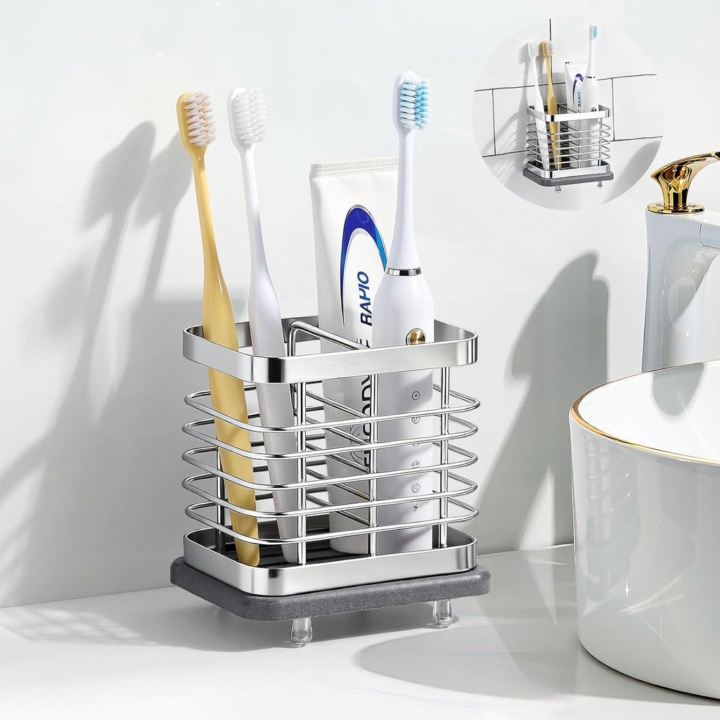 Shinowa Toothbrush Holder Wall Mounted for Bathroom 2 Slots, Silver