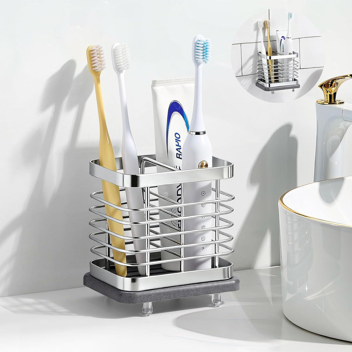 Shinowa Toothbrush Holder Wall Mounted for Bathroom 2 Slots, Silver