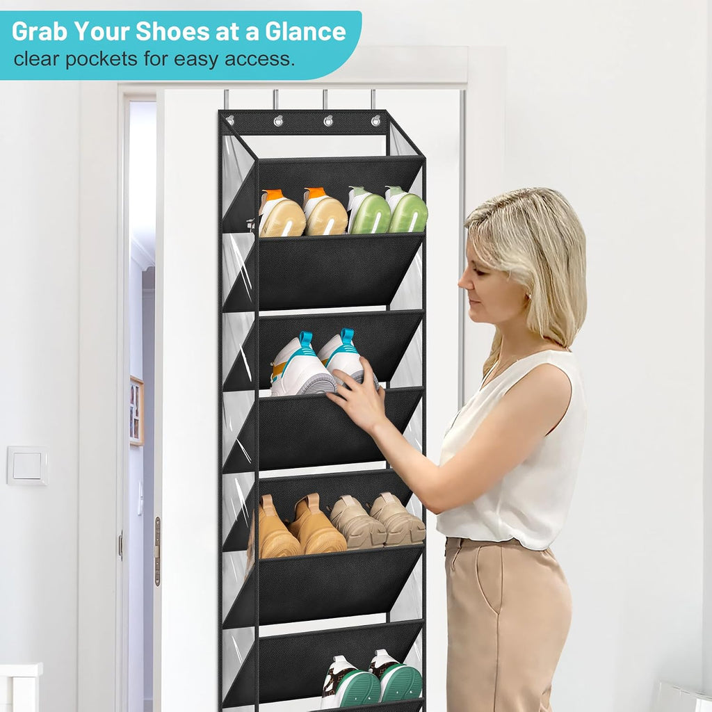 AOODA 10 Tier Clear Over the Door Shoe Organizer Storage, Deep Pockets Large Hanging Shoe Rack for Closet Door, Fit 20 Pairs Shoe Holder Hanger for Sneakers, Boots (Black)