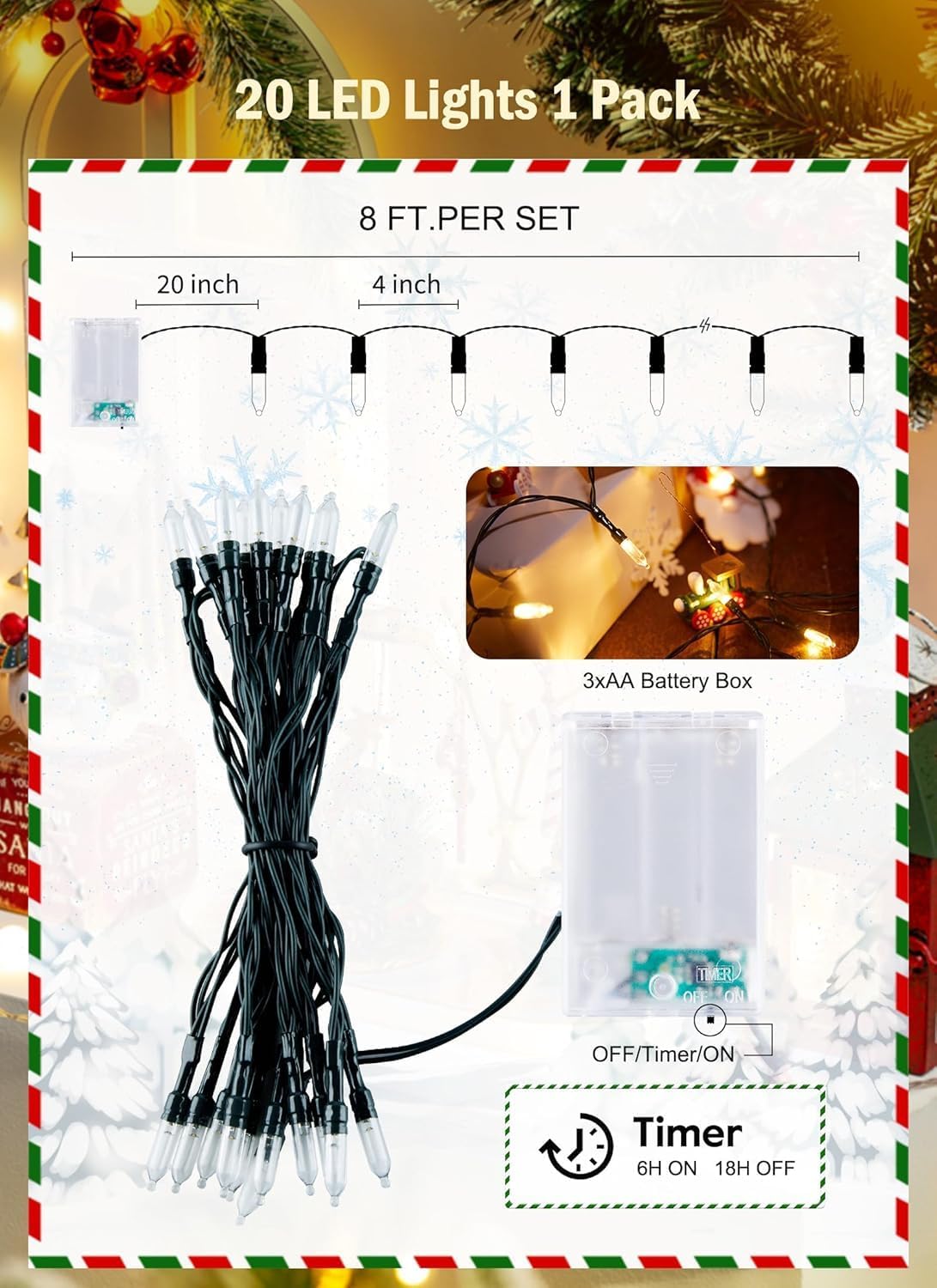 Brightown 8ft 20LED Battery Operated Christmas String Lights with Timer