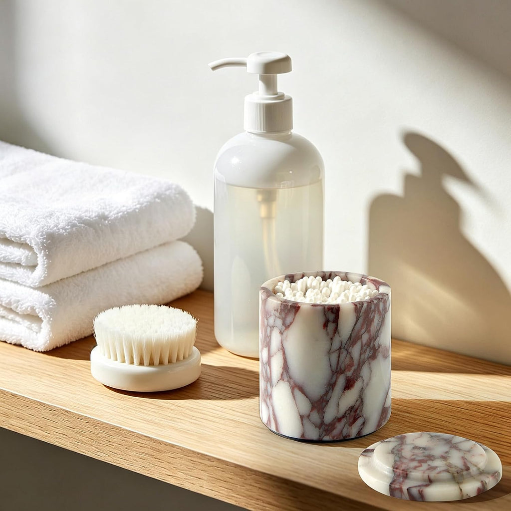 Luxury Natural Calacatta Viola Marble Qtip Holder with Lid – 3.9 Inch Round, Large Capacity Apothecary Jar for Cotton Swabs, Balls, Pads, Floss Picks, Bathroom Vanity Decor & Organizer