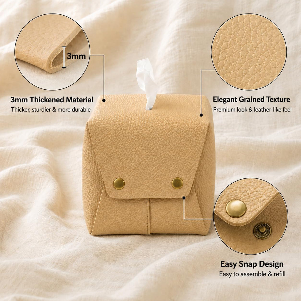 Grained Faux Leather Tissue Box Cover Square, Beige