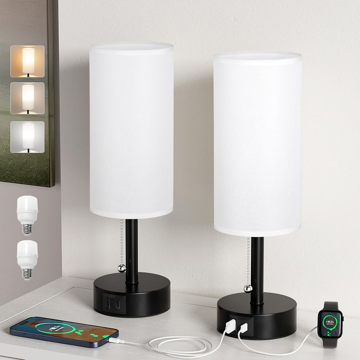 Fenmzee White Bedside Table Lamps Set of 2 - Bedroom Lamp for Desk, USB C+A