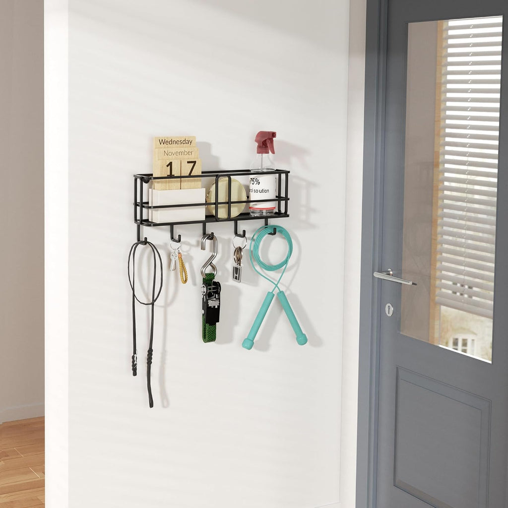 SRIWATANA Key Holder Wall Mount with 5 Hooks, Metal Mail Organizer, Black