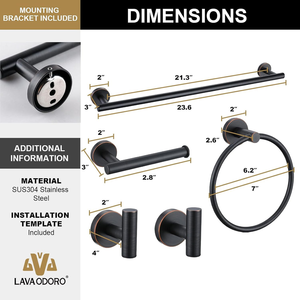 Lava Odoro 5-Piece Oil Rubbed Bronze Bathroom Hardware Accessories - Towel Bar, Holder, Rack Set, Stainless Steel Wall Mounted, 23.6 Inch