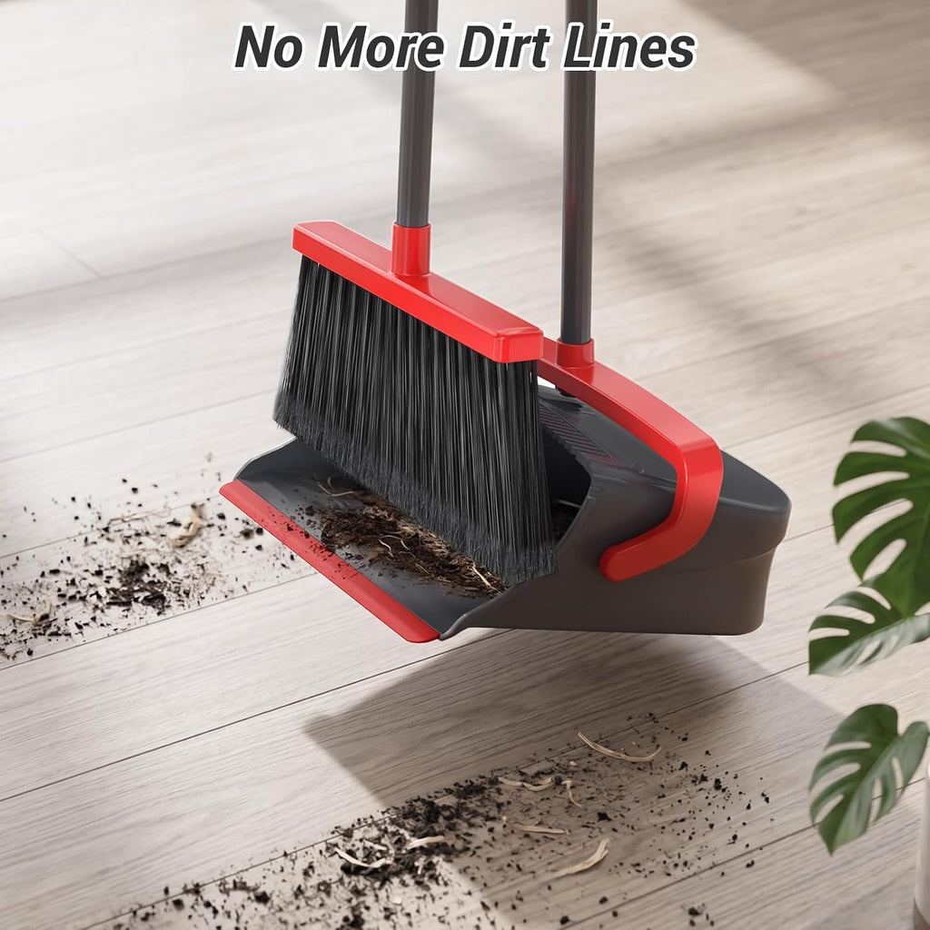 Broom with Dustpan Set for Pet Hair & Dust Cleanup, Red & Gray