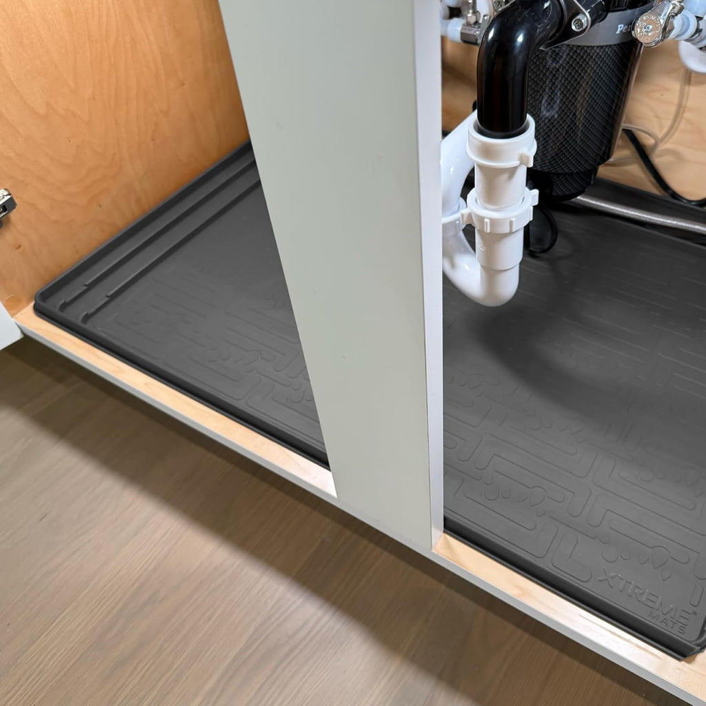 XTREME MATS Trimmable Rubber Under Sink Cabinet Mat – Ultimate Waterproof Protection for Kitchen or Bathroom Cabinets with Patented Overflow Channels (Grey)