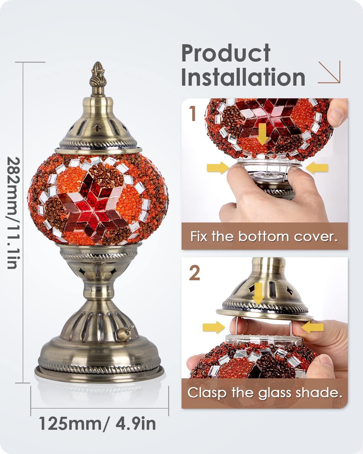 Yarra-Decor Turkish Moroccan Lamp with Bronze Base Handmade Tiffany Mosaic Glass Lamps Portable Bedside Lamps with Rechargeable Battery 2000mAh (LED Bulb Included) (Red2)