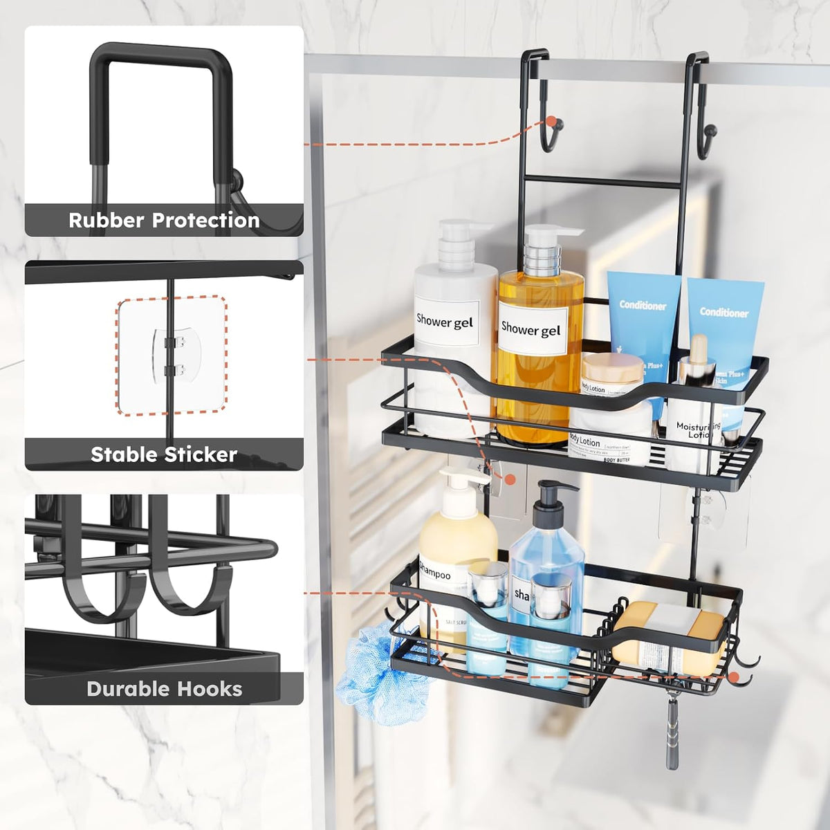 Consumest Over Door Shower Caddy - 2 Tier Shower Shelves Hanging with Soap Holders, Large Capacity Shower Organizer with 4 Hooks, Bathroom Rack and Storage, Black