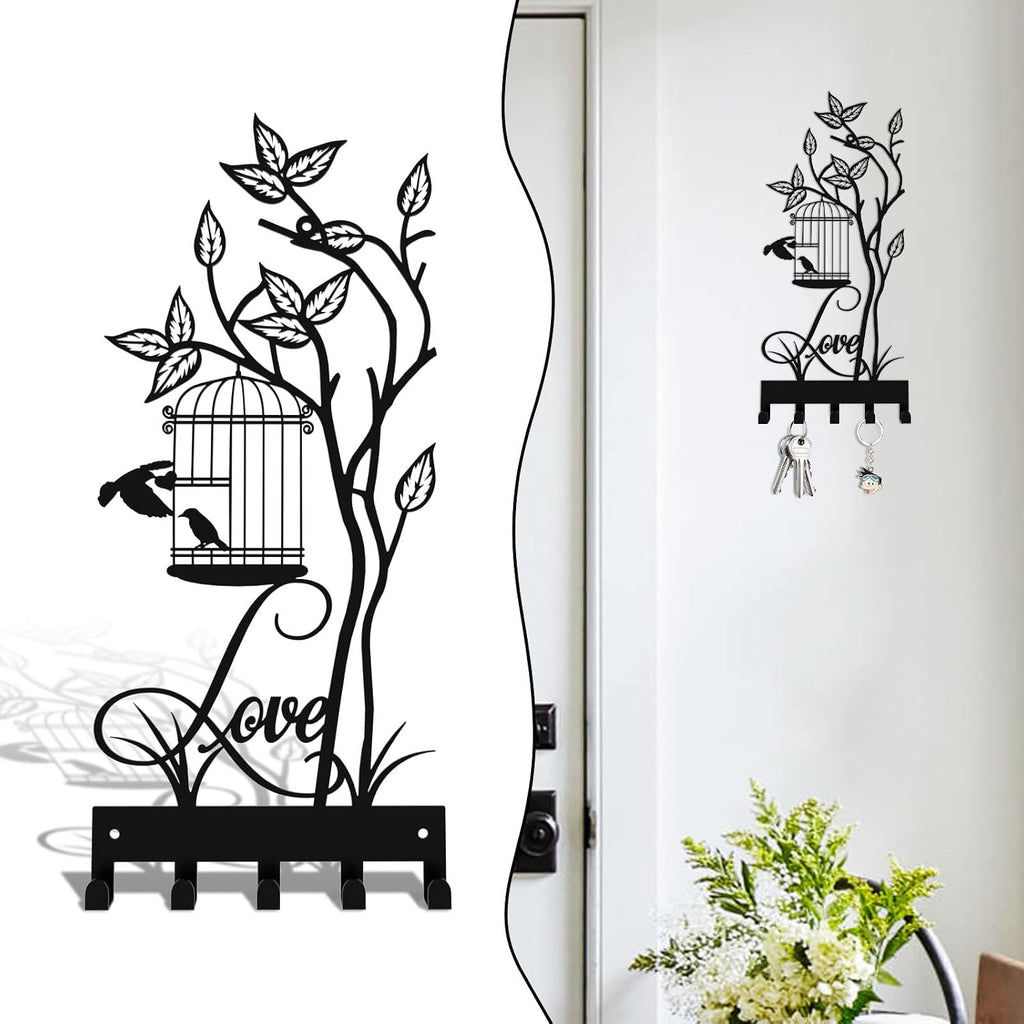 Key Holder for Wall, Metal Key Holder Hooks Organizer Rack, Key Organizer Wall Decorative with 5 Hooks for Entryway, Front Door, Hallway, Bedroom, Office (12 Inches, Birdcage)