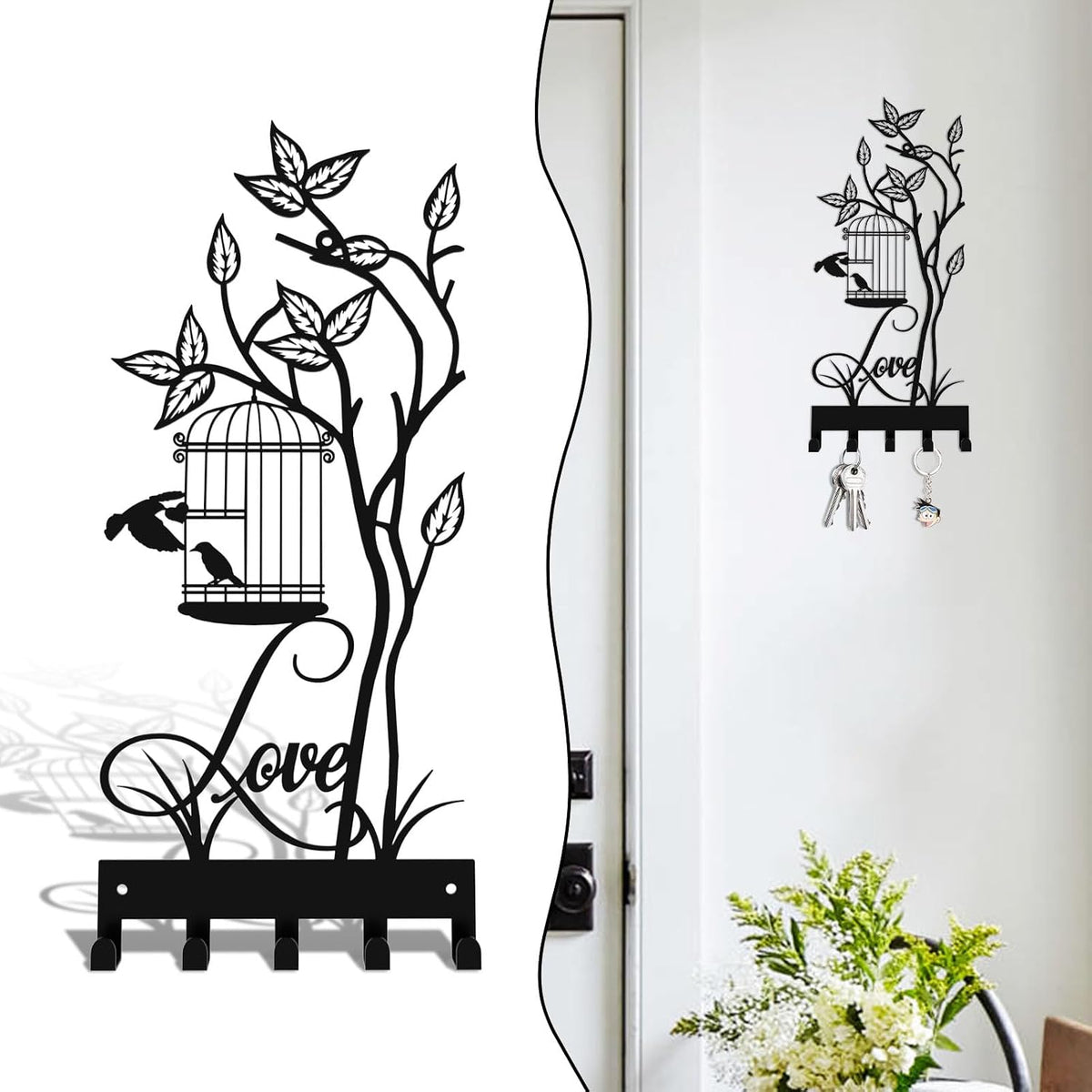 Key Holder for Wall, Metal Key Holder Hooks Organizer Rack, Key Organizer Wall Decorative with 5 Hooks for Entryway, Front Door, Hallway, Bedroom, Office (12 Inches, Birdcage)