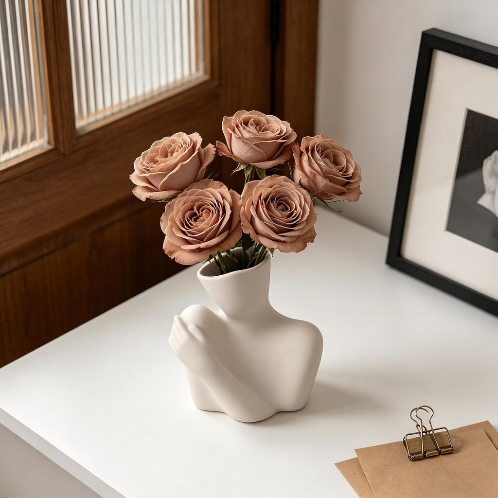 Ceramic Body Vase, Female Form Half Body Vase, Modern Minimalist Boho, Decorative Vase for Living Room, Bedroom, Shelf, Dining Table, Bathroom & Office, (White Shoulder-Grazing Style)