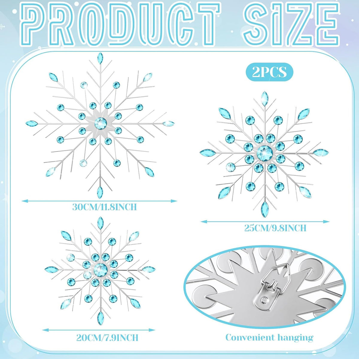 Hicarer 4 Pcs 12" 10" 8" Snowflake Metal Wall Art Rhinestones 3D Decor Christmas Silver Hanging Metal Artwork Wall Decor Glitter Crafts Snowflake Decorations for Living Room (Blue)