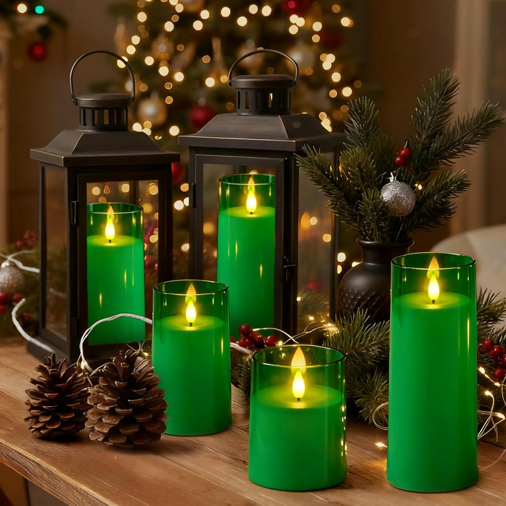 Raycare Battery Operated Flameless Pillar Candles with Remote Timer, Green