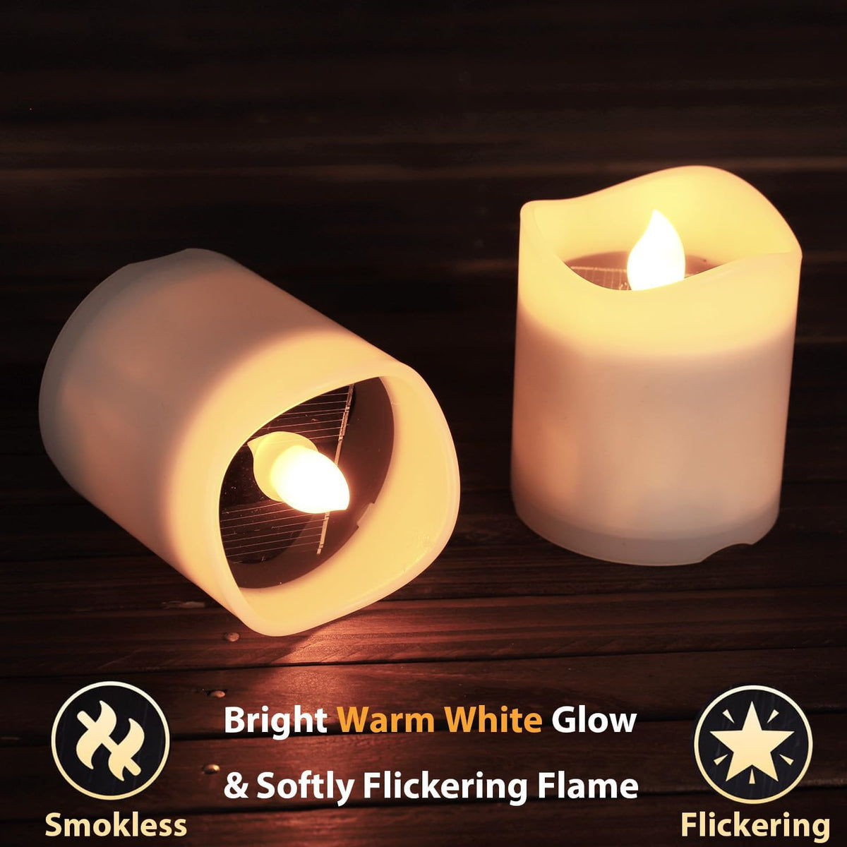 Solar Candles Outdoor Waterproof, 4pcs Rechargeable Dusk to Dawn Little Votive Candles, Flameless Flickering Solar Tea Lights for Patio Yard Deck Pathway Window Outdoor Lantern Decor (Warm White)