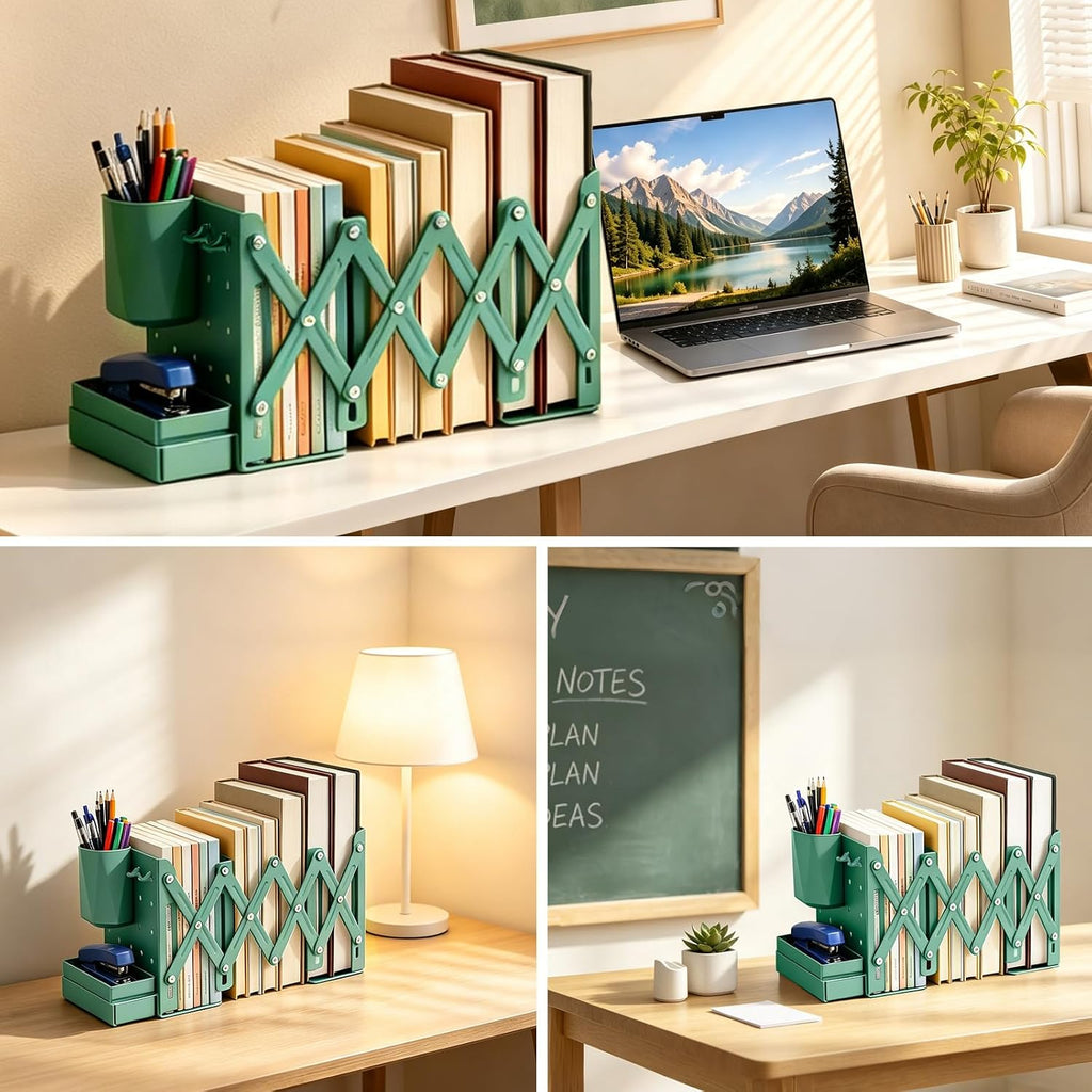 Adjustable Book Ends, Metal Bookends with Pegboard Book Holders Organizer