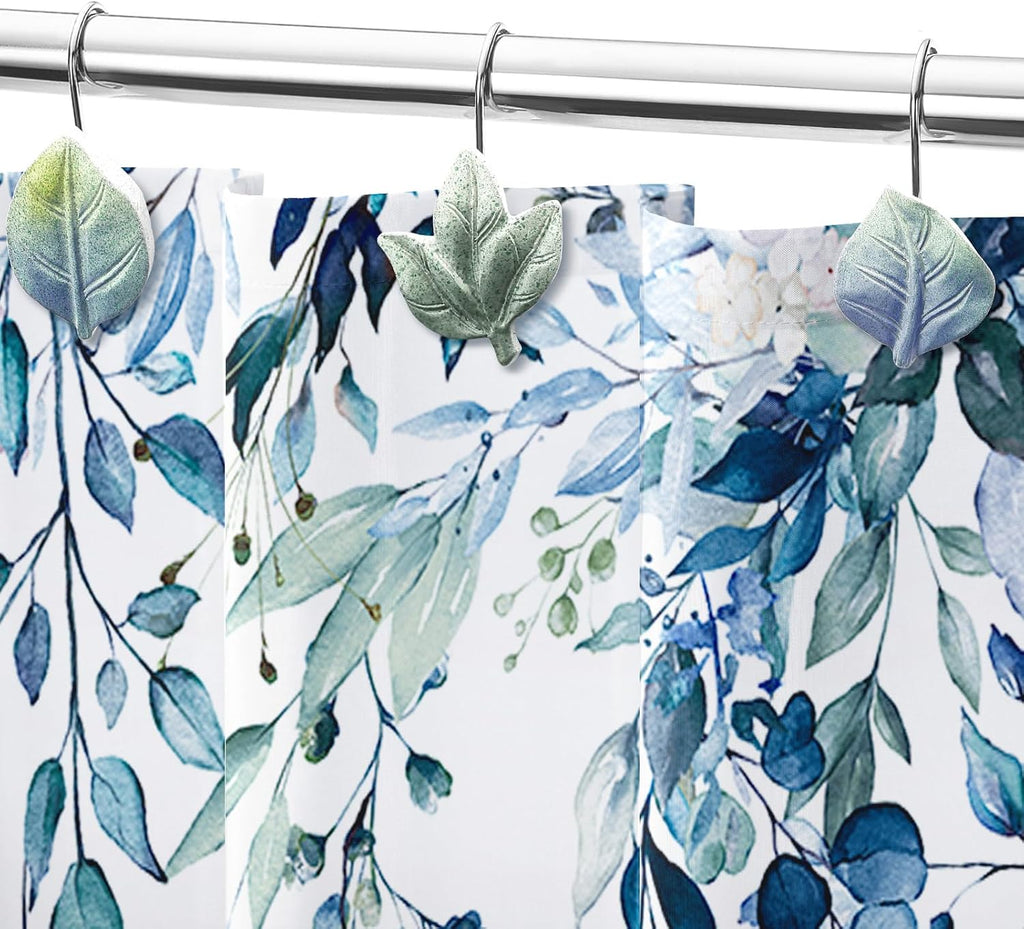 Blue Plant Leaf Shower Curtain Hooks,Eucalyptus Bathroom Decor,12PCS