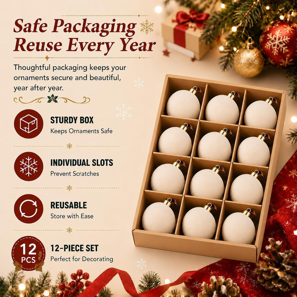 Cream White Flocked Christmas Ball Ornaments 12 Pcs, 3.15 Inch Velvet Xmas Tree Balls Shatterproof Bulk, Velvet Christmas Ornaments Set for Xmas Tree Holiday Wedding Party Decor