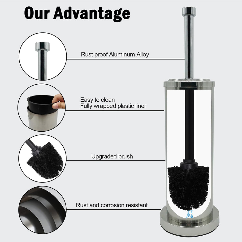 Silver Chrome Toilet Bowl Brush with Holder with Removable Plastic Liner, Durable Bathroom Cleaning Tool, Bathroom Cleaner Brush for Efficient Cleaning and Hygiene