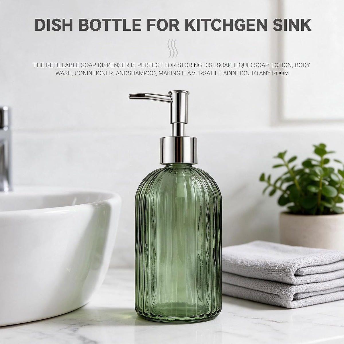 14 Oz Green Glass Soap Dispenser with Silver Plastic Pump, Striped Style